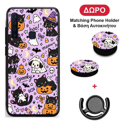 Halloween Black Cats on Lilac - Samsung Galaxy A9 θήκη + Δώρο Phone Holder & Βάση Αυτοκινήτου