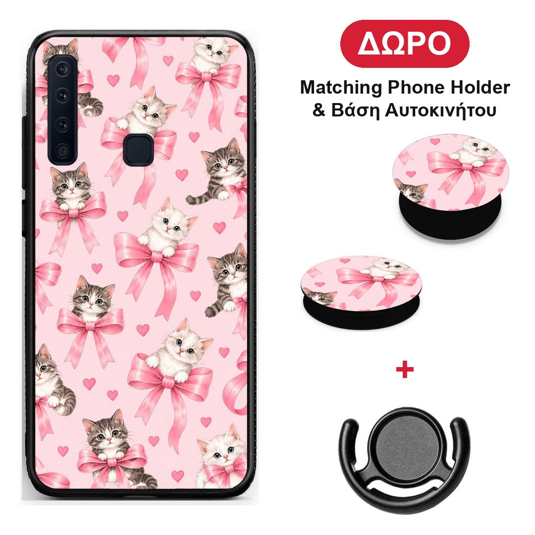 Kittens and Pink Bows on Pink - Samsung Galaxy A9 θήκη + Δώρο Phone Holder & Βάση Αυτοκινήτου