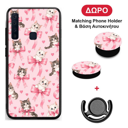 Kittens and Pink Bows on Pink - Samsung Galaxy A9 θήκη + Δώρο Phone Holder & Βάση Αυτοκινήτου