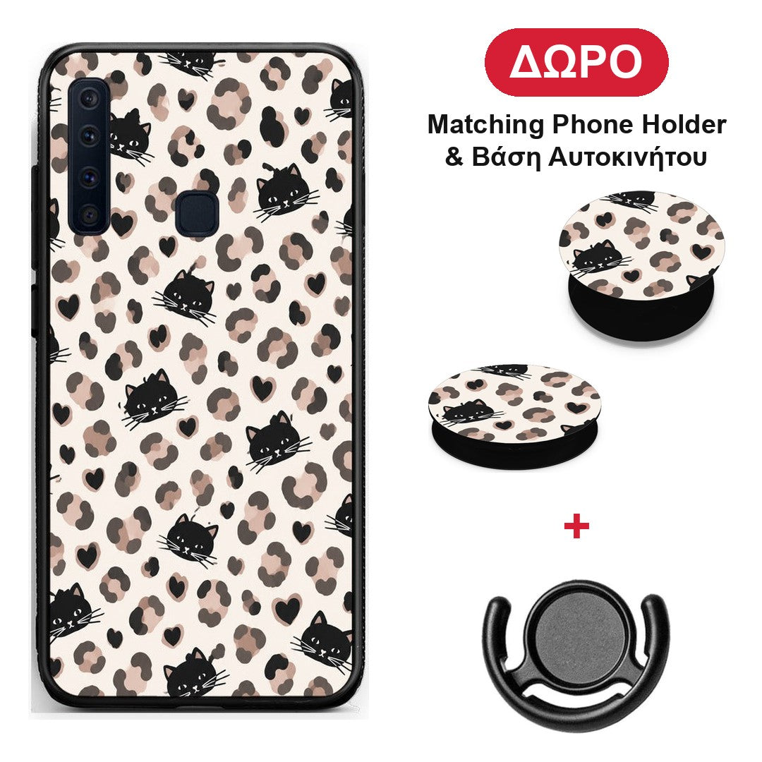 Leopard Spots and Black Cats on Cream - Samsung Galaxy A9 θήκη + Δώρο Phone Holder & Βάση Αυτοκινήτου