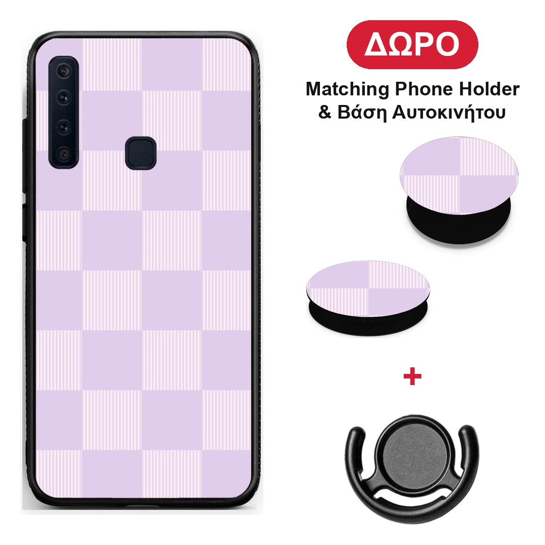 Lilac and Cream Striped Checks - Samsung Galaxy A9 θήκη + Δώρο Phone Holder & Βάση Αυτοκινήτου