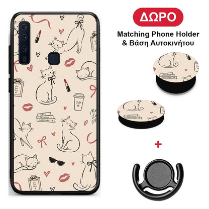 Minimal Cat and Fashion Doodles on Cream - Samsung Galaxy A9 θήκη + Δώρο Phone Holder & Βάση Αυτοκινήτου