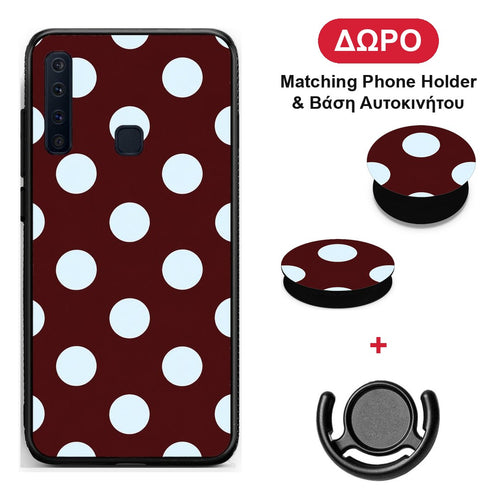 Pale Blue Large Polka Dots on Burgundy - Samsung Galaxy A9 θήκη + Δώρο Phone Holder & Βάση Αυτοκινήτου