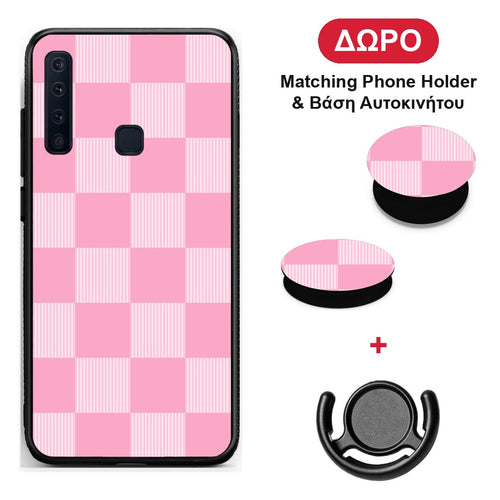 Pink and White Striped Checks - Samsung Galaxy A9 θήκη + Δώρο Phone Holder & Βάση Αυτοκινήτου