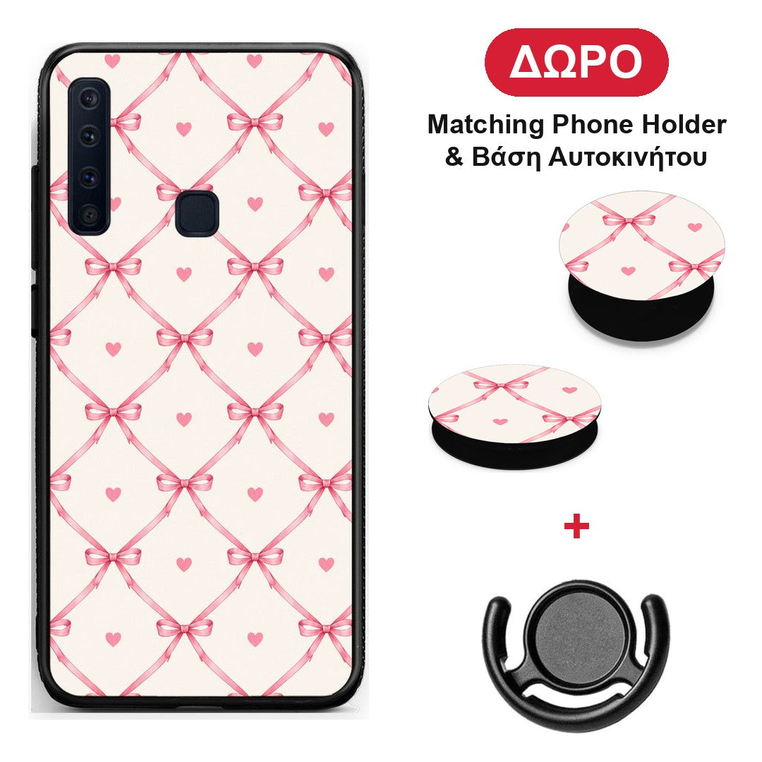 Pink Bow Lattice and Hearts on Cream - Samsung Galaxy A9 θήκη + Δώρο Phone Holder & Βάση Αυτοκινήτου