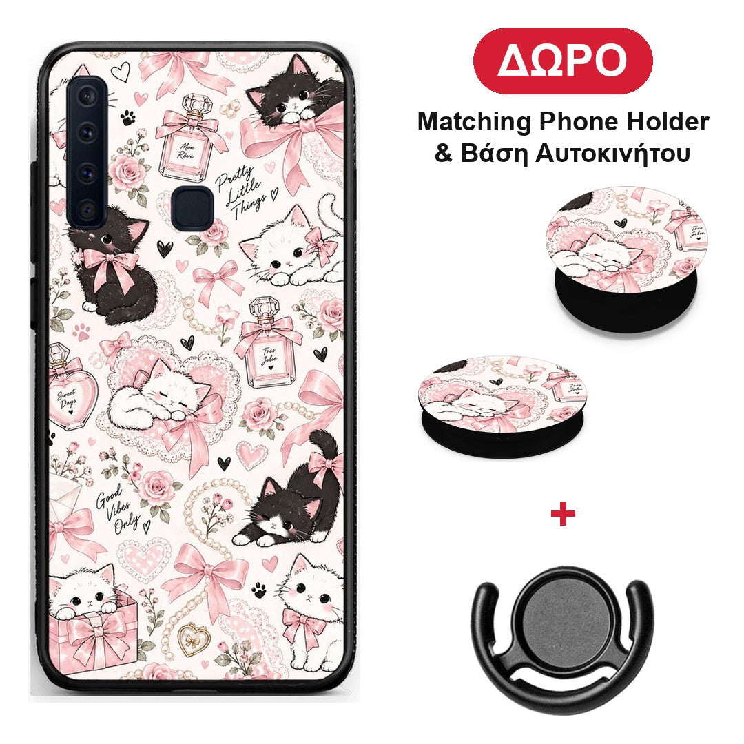 Pink Bows and Kittens Collage - Samsung Galaxy A9 θήκη + Δώρο Phone Holder & Βάση Αυτοκινήτου