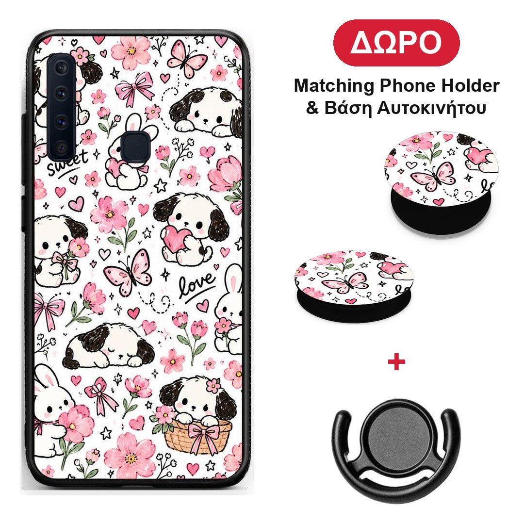 Pink Florals Puppies and Bunnies on White - Samsung Galaxy A9 θήκη + Δώρο Phone Holder & Βάση Αυτοκινήτου