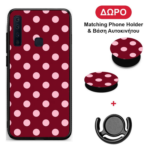 Pink Polka Dots on Burgundy - Samsung Galaxy A9 θήκη + Δώρο Phone Holder & Βάση Αυτοκινήτου