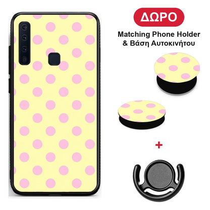 Pink Polka Dots on Yellow - Samsung Galaxy A9 θήκη + Δώρο Phone Holder & Βάση Αυτοκινήτου