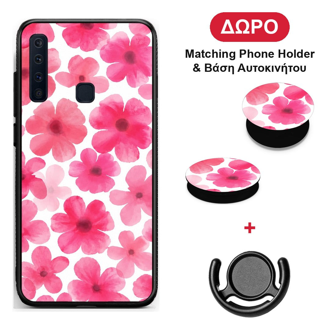 Pink Watercolour Flowers on White - Samsung Galaxy A9 θήκη + Δώρο Phone Holder & Βάση Αυτοκινήτου