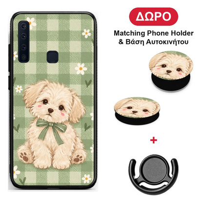 Puppy and Daisies on Sage Gingham - Samsung Galaxy A9 θήκη + Δώρο Phone Holder & Βάση Αυτοκινήτου