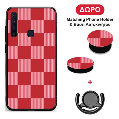 Red and Pink Striped Checks - Samsung Galaxy A9 θήκη + Δώρο Phone Holder & Βάση Αυτοκινήτου