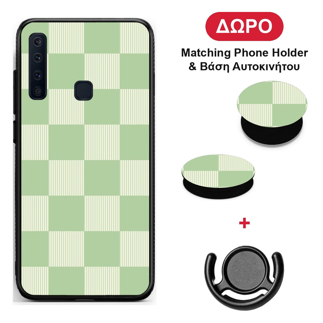 Sage and Cream Striped Checks - Samsung Galaxy A9 θήκη + Δώρο Phone Holder & Βάση Αυτοκινήτου