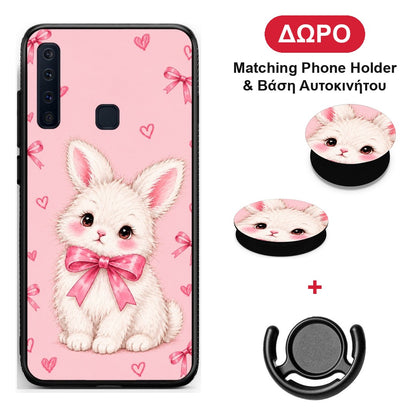 White Bunny and Pink Bows - Samsung Galaxy A9 θήκη + Δώρο Phone Holder & Βάση Αυτοκινήτου
