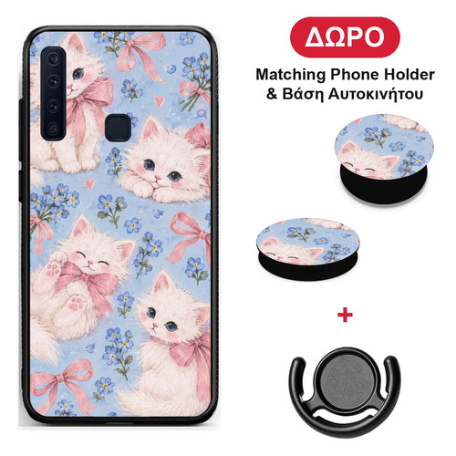 White Kittens and Blue Flowers Large - Samsung Galaxy A9 θήκη + Δώρο Phone Holder & Βάση Αυτοκινήτου