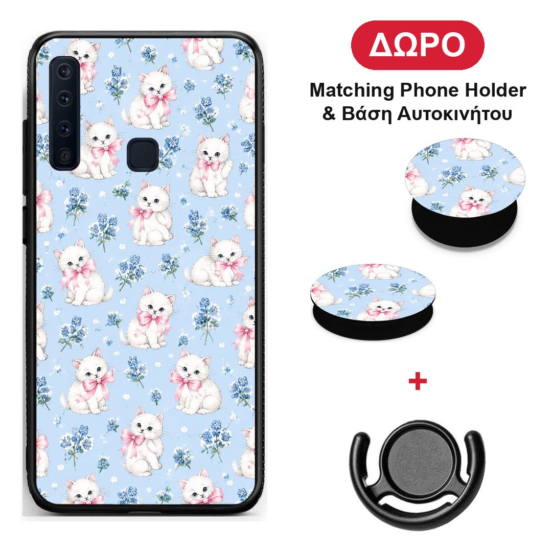 White Kittens and Blue Flowers Small - Samsung Galaxy A9 θήκη + Δώρο Phone Holder & Βάση Αυτοκινήτου