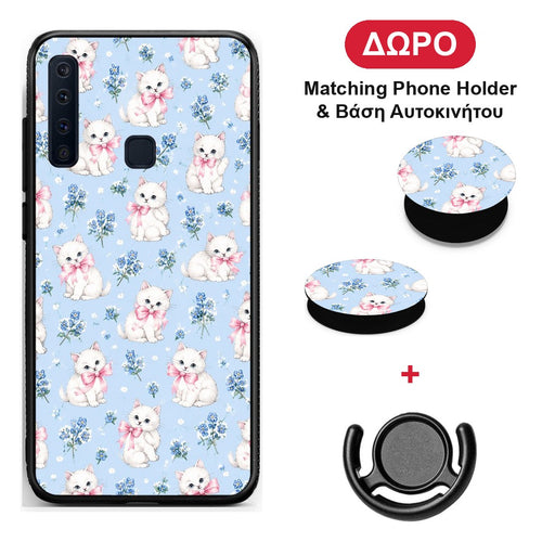 White Kittens and Blue Flowers Small - Samsung Galaxy A9 θήκη + Δώρο Phone Holder & Βάση Αυτοκινήτου