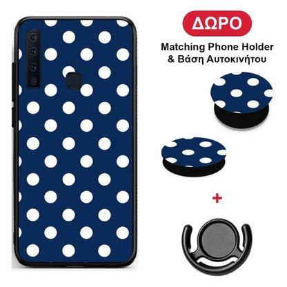 White Large Polka Dots on Navy - Samsung Galaxy A9 θήκη + Δώρο Phone Holder & Βάση Αυτοκινήτου