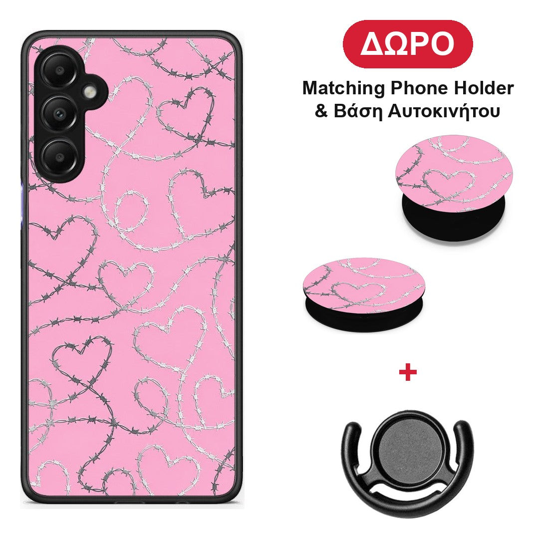 Barbed Wire Hearts on Pink - Samsung Galaxy A05s θήκη + Δώρο Phone Holder & Βάση Αυτοκινήτου