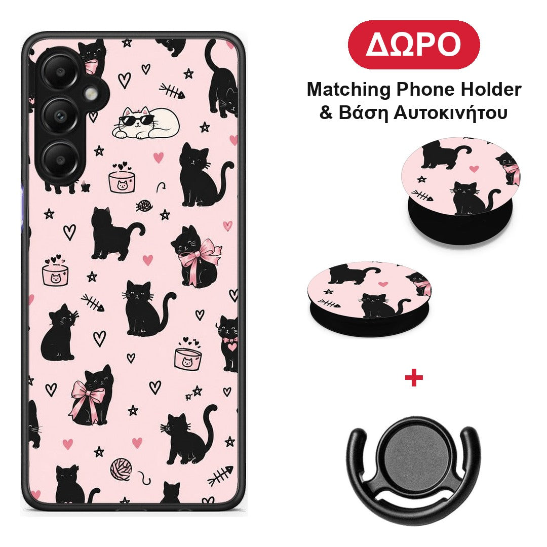 Black Cat Doodles on Pink - Samsung Galaxy A05s θήκη + Δώρο Phone Holder & Βάση Αυτοκινήτου