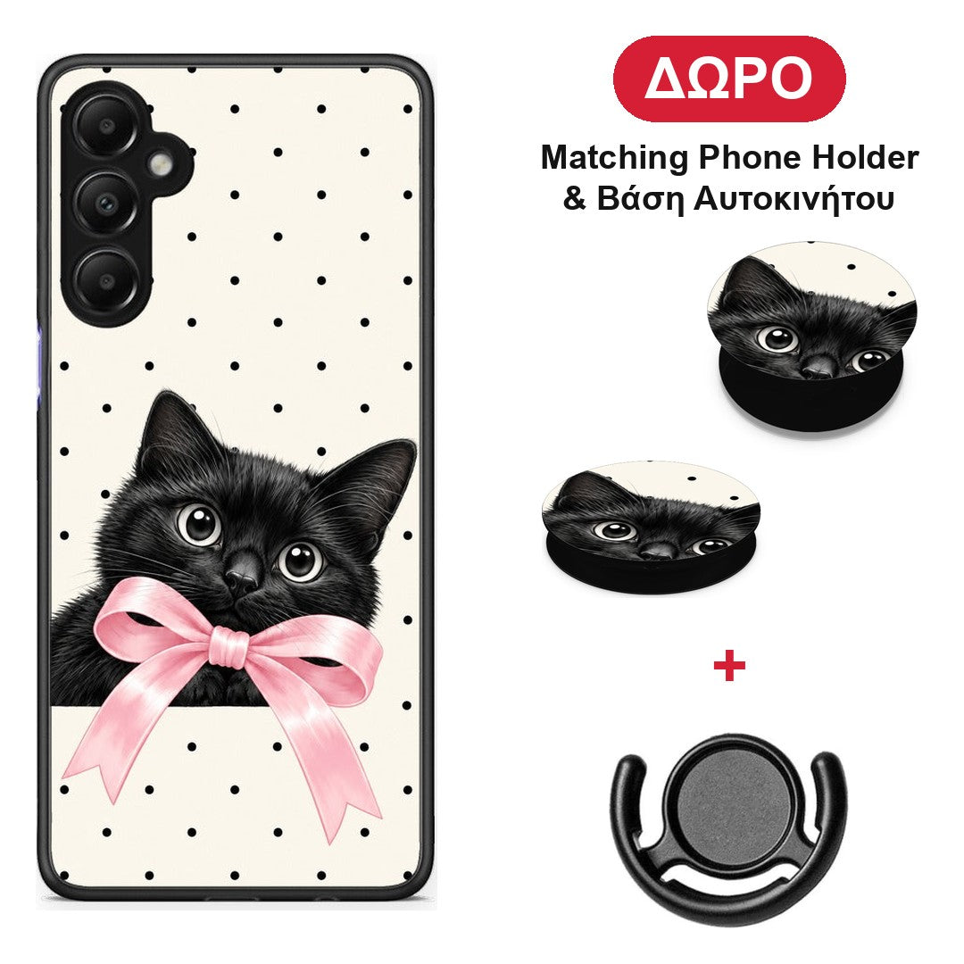 Black Kitten Pink Bow and Polka Dots - Samsung Galaxy A05s θήκη + Δώρο Phone Holder & Βάση Αυτοκινήτου
