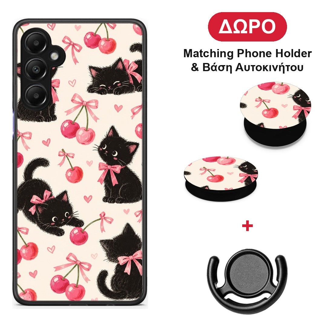Black Kittens and Cherries on Cream - Samsung Galaxy A05s θήκη + Δώρο Phone Holder & Βάση Αυτοκινήτου