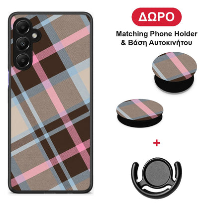 Brown Pink and Blue Diagonal Plaid - Samsung Galaxy A05s θήκη + Δώρο Phone Holder & Βάση Αυτοκινήτου