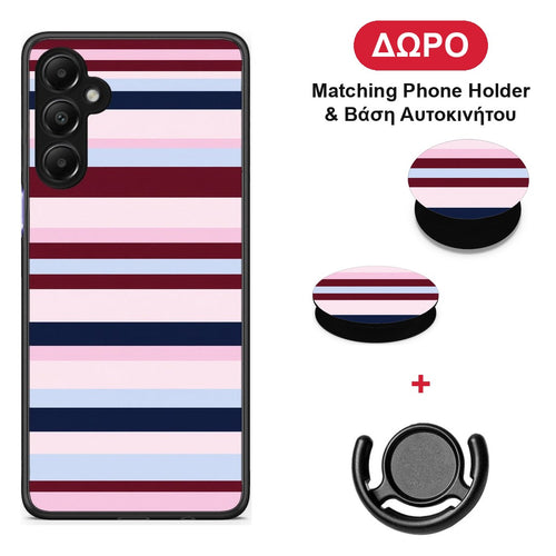 Burgundy Pink and Blue Horizontal Stripes - Samsung Galaxy A05s θήκη + Δώρο Phone Holder & Βάση Αυτοκινήτου
