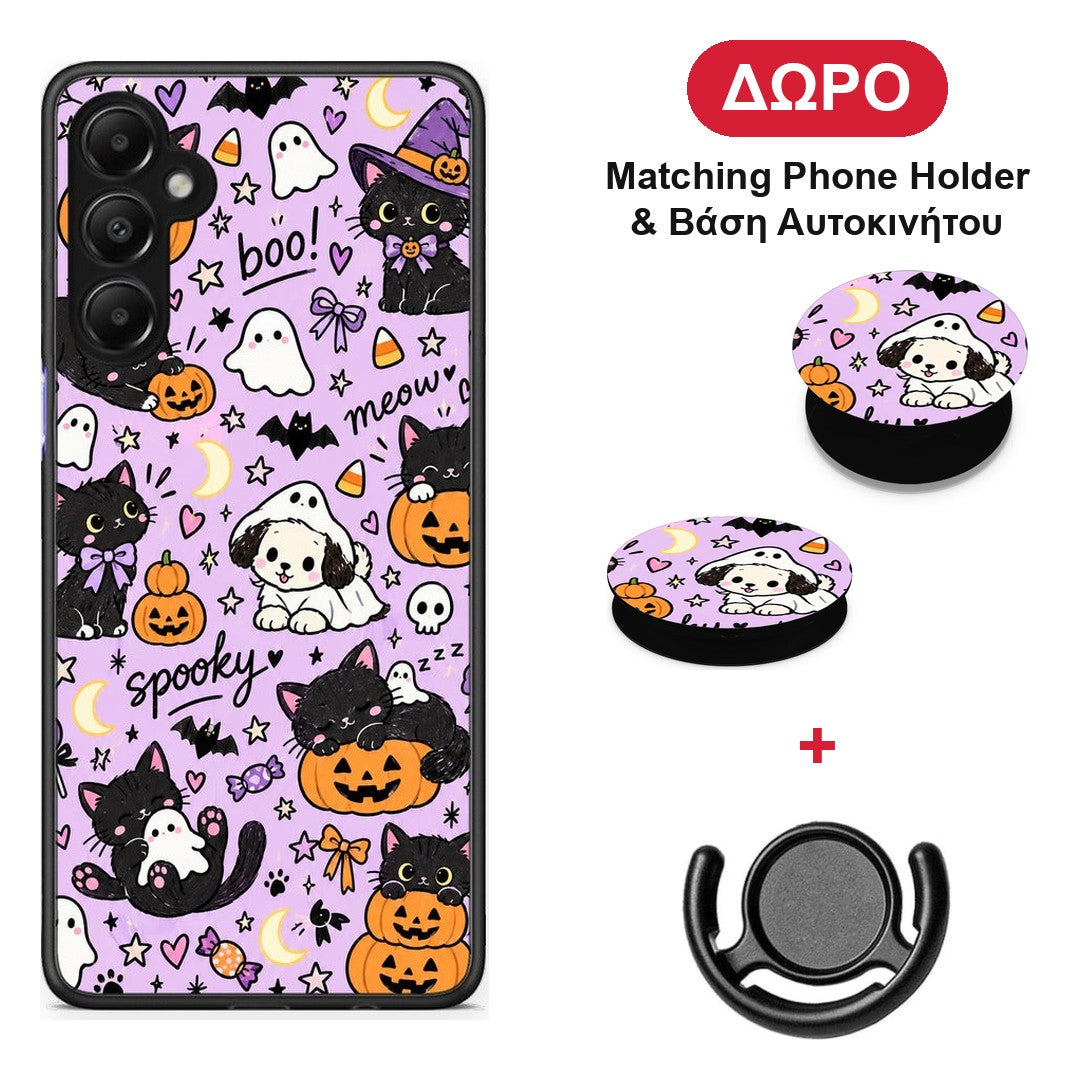 Halloween Black Cats on Lilac - Samsung Galaxy A05s θήκη + Δώρο Phone Holder & Βάση Αυτοκινήτου
