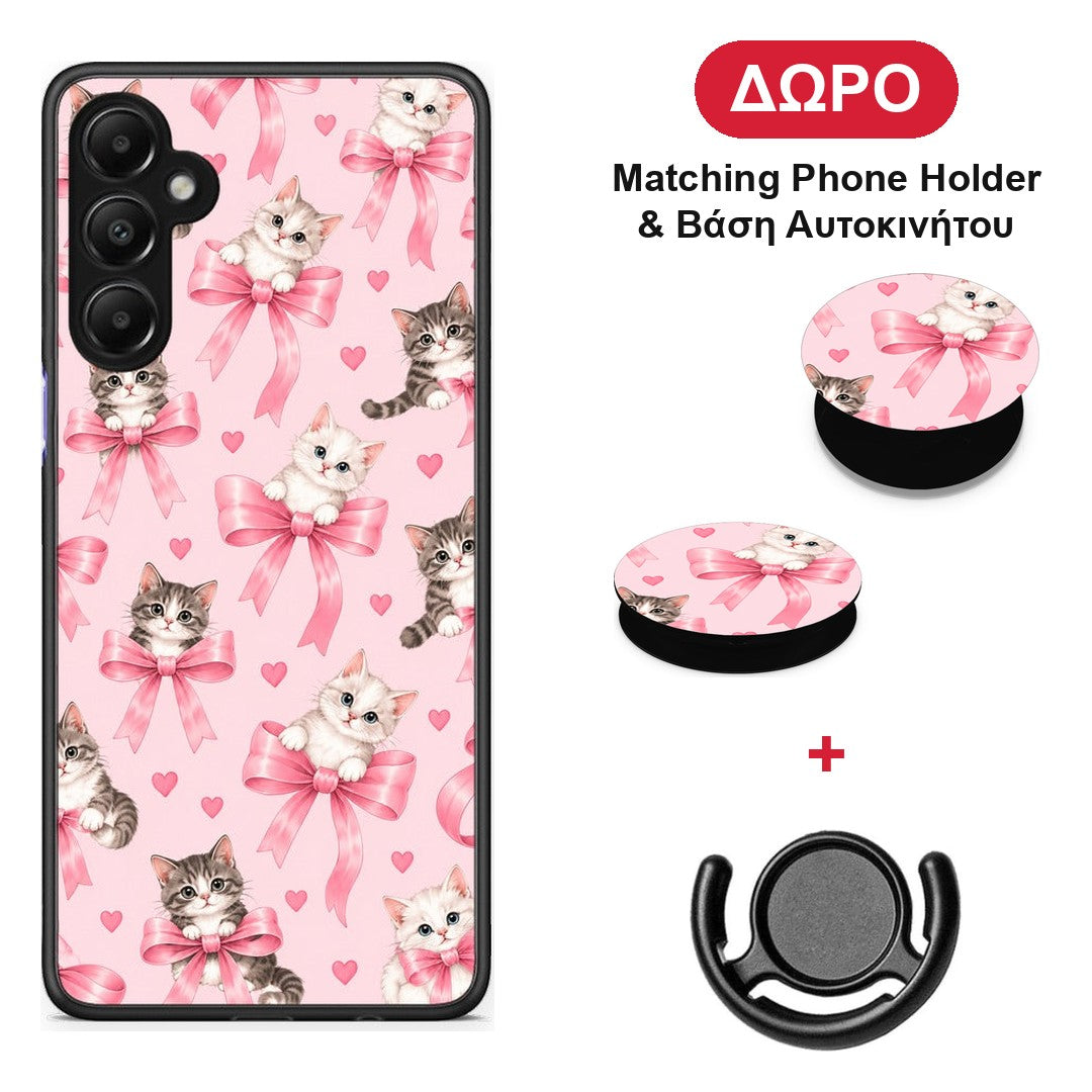 Kittens and Pink Bows on Pink - Samsung Galaxy A05s θήκη + Δώρο Phone Holder & Βάση Αυτοκινήτου