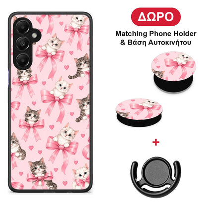 Kittens and Pink Bows on Pink - Samsung Galaxy A05s θήκη + Δώρο Phone Holder & Βάση Αυτοκινήτου