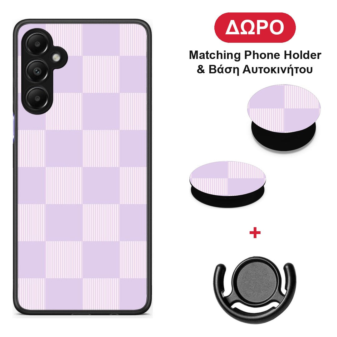 Lilac and Cream Striped Checks - Samsung Galaxy A05s θήκη + Δώρο Phone Holder & Βάση Αυτοκινήτου
