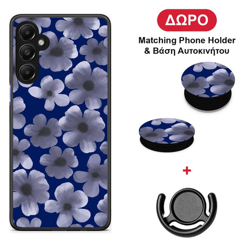 Pale Blue Flowers on Navy - Samsung Galaxy A05s θήκη + Δώρο Phone Holder & Βάση Αυτοκινήτου