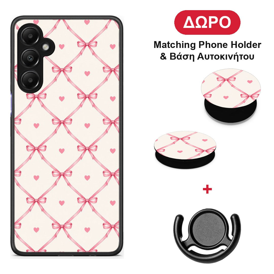 Pink Bow Lattice and Hearts on Cream - Samsung Galaxy A05s θήκη + Δώρο Phone Holder & Βάση Αυτοκινήτου