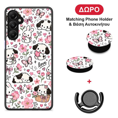 Pink Florals Puppies and Bunnies on White - Samsung Galaxy A05s θήκη + Δώρο Phone Holder & Βάση Αυτοκινήτου