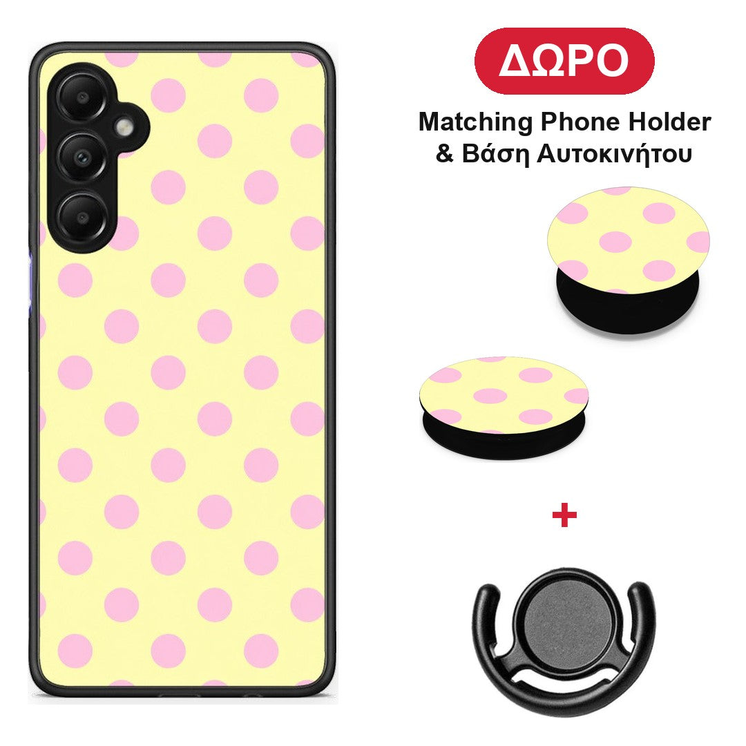 Pink Polka Dots on Yellow - Samsung Galaxy A05s θήκη + Δώρο Phone Holder & Βάση Αυτοκινήτου