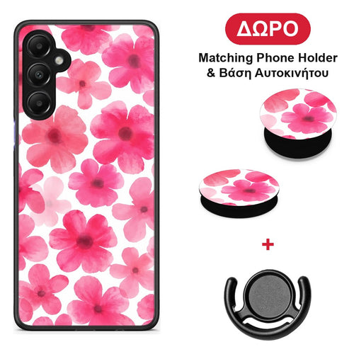 Pink Watercolour Flowers on White - Samsung Galaxy A05s θήκη + Δώρο Phone Holder & Βάση Αυτοκινήτου