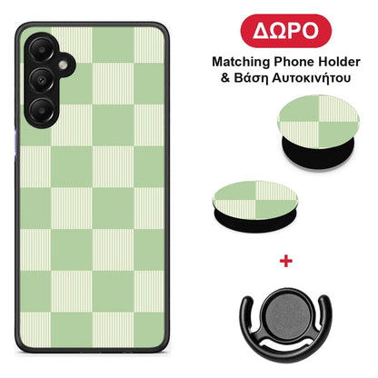 Sage and Cream Striped Checks - Samsung Galaxy A05s θήκη + Δώρο Phone Holder & Βάση Αυτοκινήτου