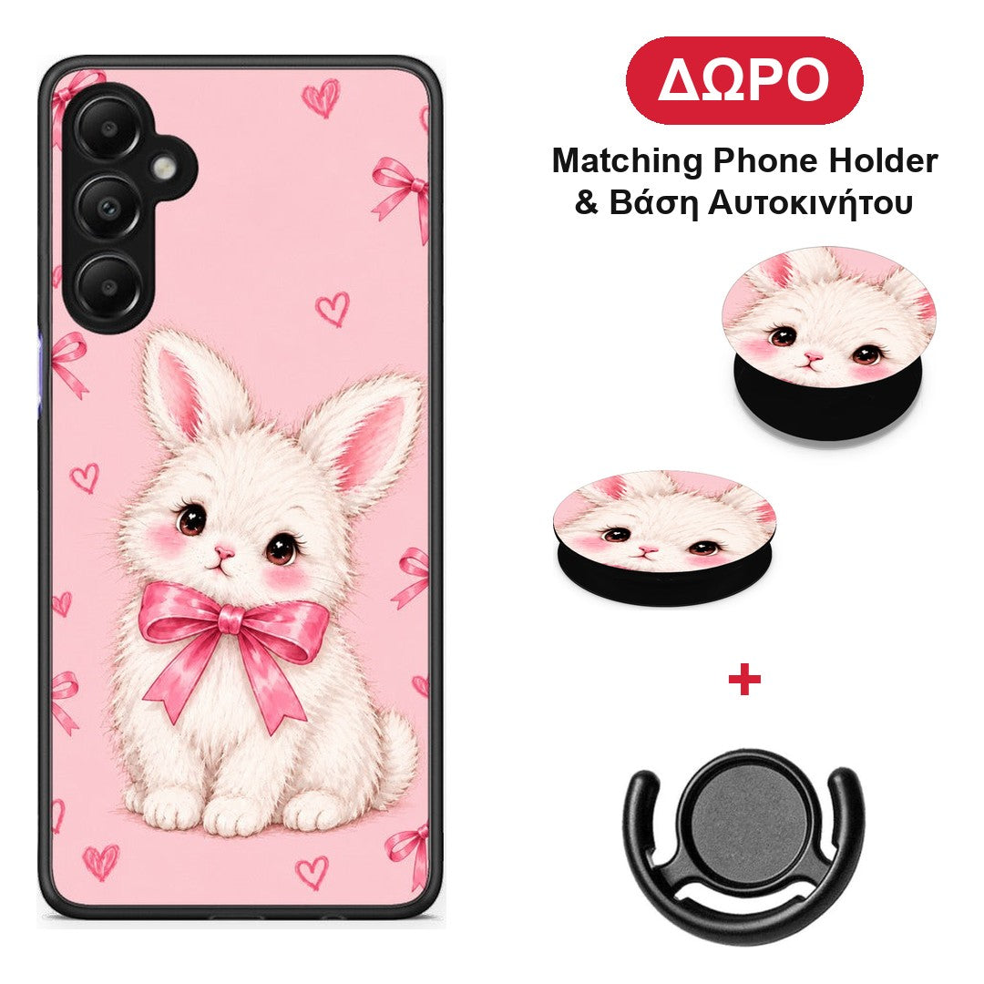 White Bunny and Pink Bows - Samsung Galaxy A05s θήκη + Δώρο Phone Holder & Βάση Αυτοκινήτου