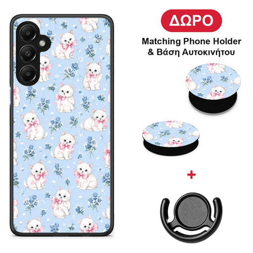 White Kittens and Blue Flowers Small - Samsung Galaxy A05s θήκη + Δώρο Phone Holder & Βάση Αυτοκινήτου