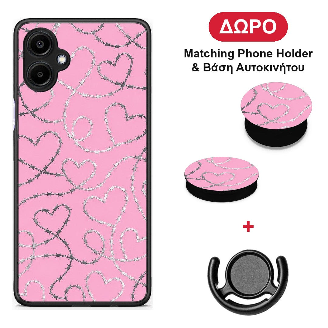 Barbed Wire Hearts on Pink - Samsung Galaxy A06 θήκη + Δώρο Phone Holder & Βάση Αυτοκινήτου