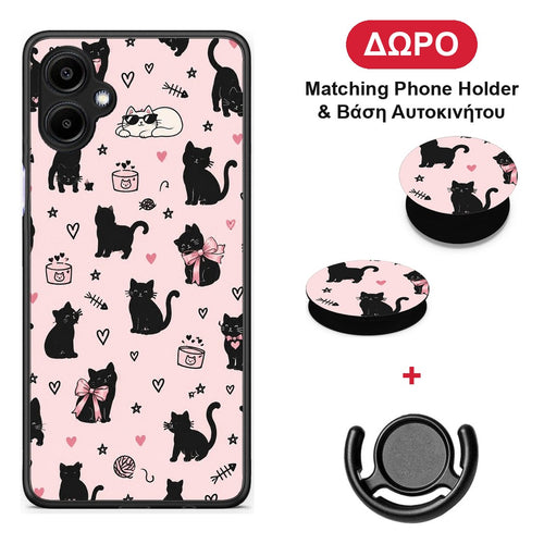Black Cat Doodles on Pink - Samsung Galaxy A06 θήκη + Δώρο Phone Holder & Βάση Αυτοκινήτου