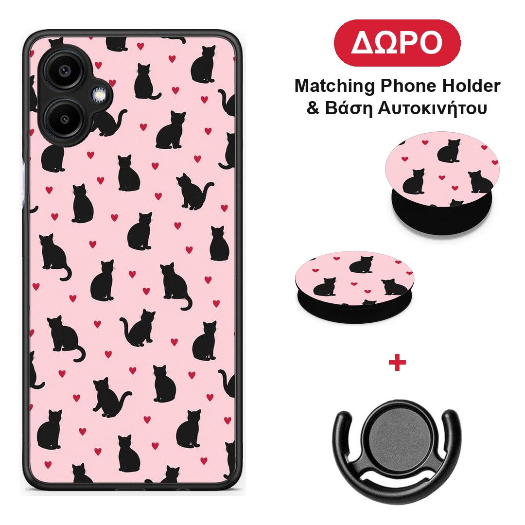 Black Cat Silhouettes and Hearts on Pink - Samsung Galaxy A06 θήκη + Δώρο Phone Holder & Βάση Αυτοκινήτου