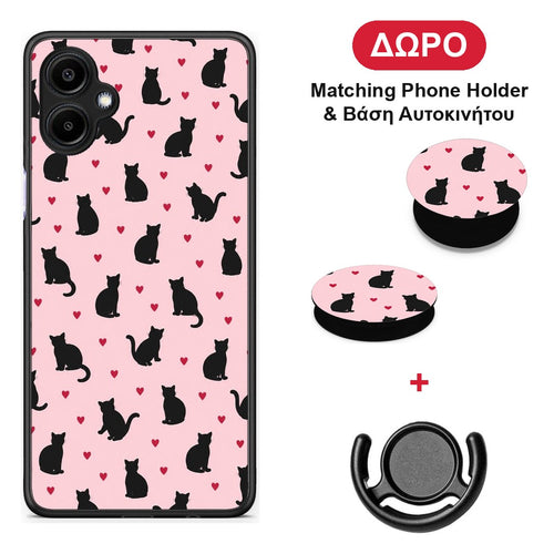 Black Cat Silhouettes and Hearts on Pink - Samsung Galaxy A06 θήκη + Δώρο Phone Holder & Βάση Αυτοκινήτου