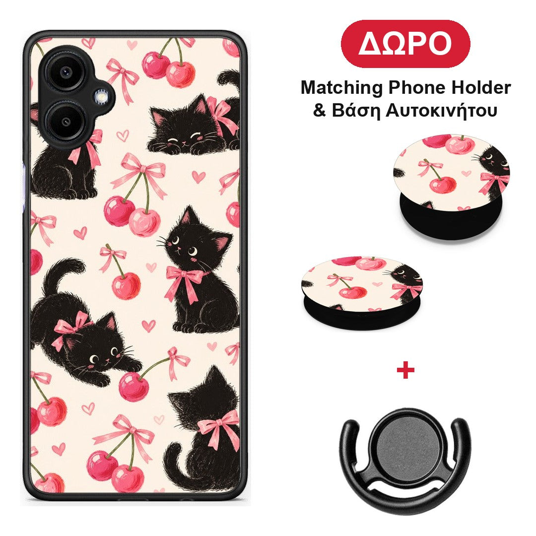 Black Kittens and Cherries on Cream - Samsung Galaxy A06 θήκη + Δώρο Phone Holder & Βάση Αυτοκινήτου