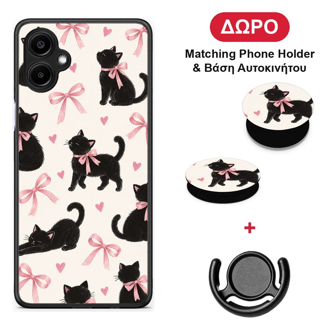 Black Kittens and Pink Bows on Cream Large - Samsung Galaxy A06 θήκη + Δώρο Phone Holder & Βάση Αυτοκινήτου