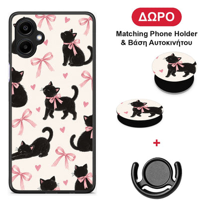 Black Kittens and Pink Bows on Cream Large - Samsung Galaxy A06 θήκη + Δώρο Phone Holder & Βάση Αυτοκινήτου