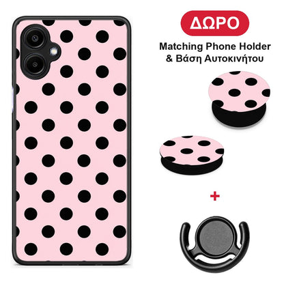 Black Polka Dots on Pink - Samsung Galaxy A06 θήκη + Δώρο Phone Holder & Βάση Αυτοκινήτου