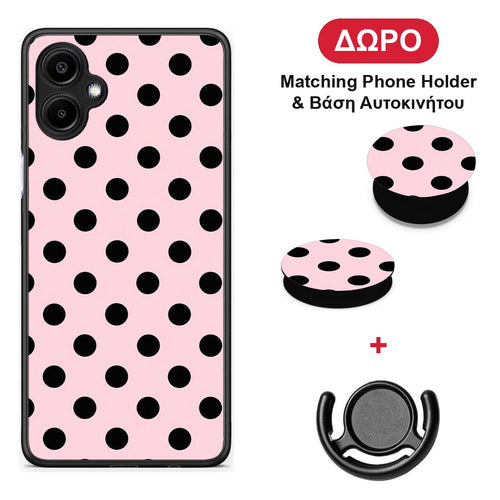 Black Polka Dots on Pink - Samsung Galaxy A06 θήκη + Δώρο Phone Holder & Βάση Αυτοκινήτου