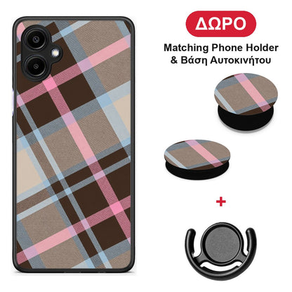 Brown Pink and Blue Diagonal Plaid - Samsung Galaxy A06 θήκη + Δώρο Phone Holder & Βάση Αυτοκινήτου
